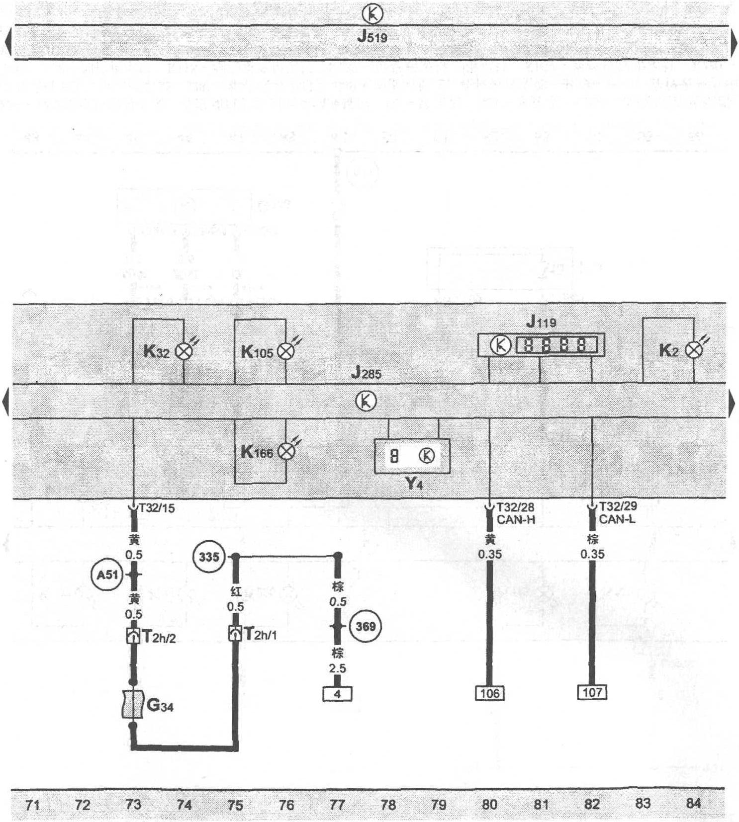 图2-3-123 组合仪表中带显示单元的控制单元、左前制动摩擦片磨损传感器、多功能显示器、发电机指示灯、制动摩擦片指示灯、燃油存量指示灯、车门打开指示灯、里程表